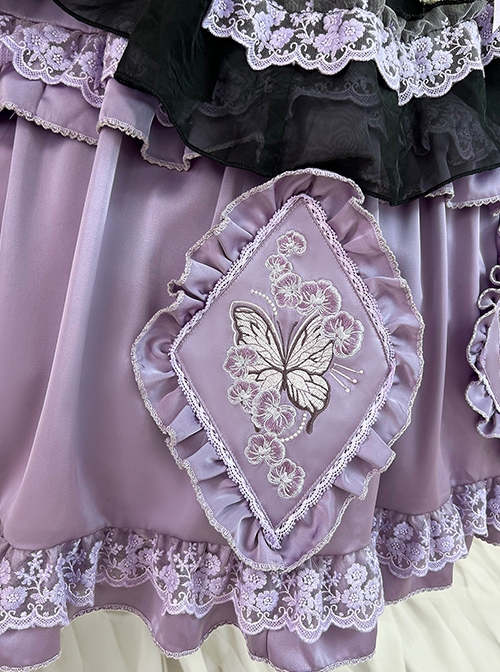 Butterfly Orchid Garden Series Chinoiserie Purple Classic Lolita Cover Up Apron Tassel Long Sleeve Dress Set