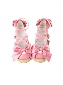 Cream Satin Series Bowknot Straps Patent Leather Sweet Lolita Cute Round Toe Wood Grain Platform Shoes