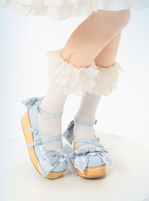 Cream Satin Series Bowknot Straps Patent Leather Sweet Lolita Cute Round Toe Wood Grain Platform Shoes