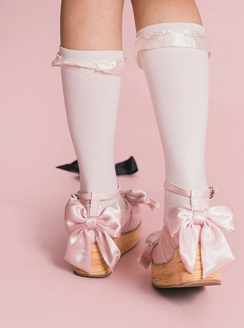 Cream Satin Series Bowknot Straps Patent Leather Sweet Lolita Cute Round Toe Wood Grain Platform Shoes