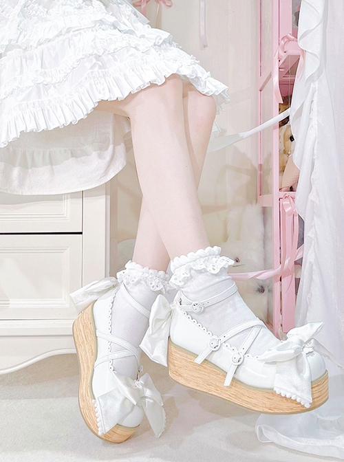 Cream Satin Series Bowknot Straps Patent Leather Sweet Lolita Cute Round Toe Wood Grain Platform Shoes