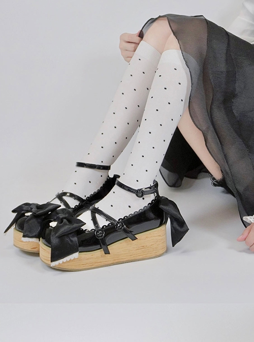 Cream Satin Series Bowknot Straps Patent Leather Sweet Lolita Cute Round Toe Wood Grain Platform Shoes