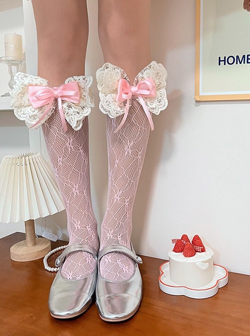 Ballet Dance Style Lace Pattern Ribbon Big Bowknot Sweet Lolita Cute Middle Tube Socks