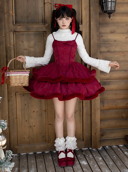 Winter Wish Series Fall Winter Christmas Sweet Lolita Plush Fur Edges Tighten Waist Sleeveless Dress