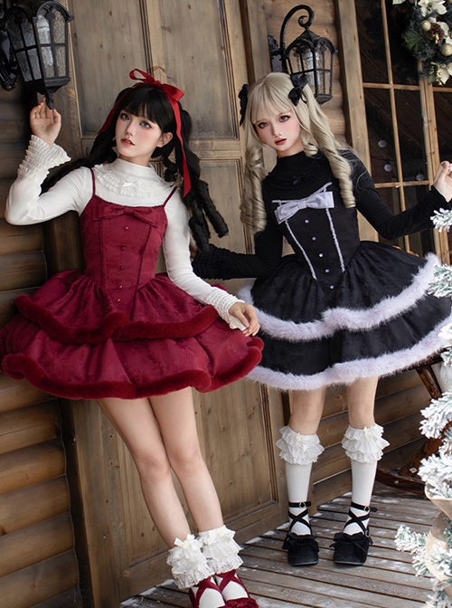 Winter Wish Series Fall Winter Christmas Sweet Lolita Plush Fur Edges Tighten Waist Sleeveless Dress