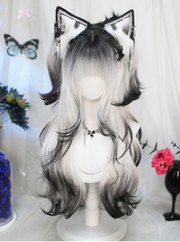 Tears Series Cool Black White Gradient Highlight Long Curly Hair Straight Bangs Sweet Lolita Wig