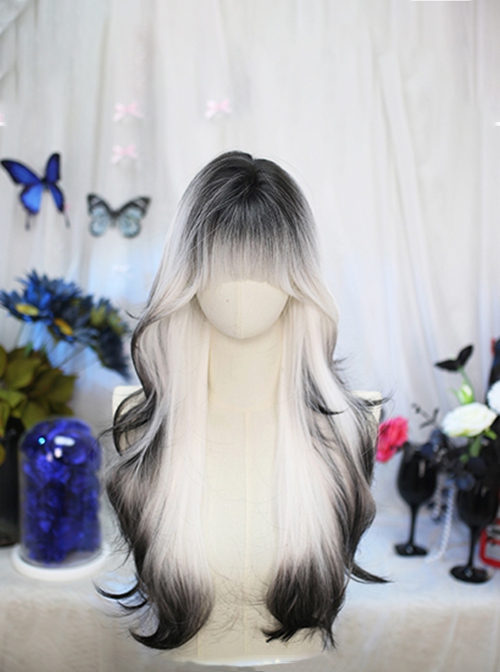 Tears Series Cool Black White Gradient Highlight Long Curly Hair Straight Bangs Sweet Lolita Wig