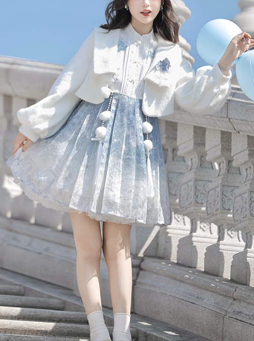 Snow Dragon Story Series Improved Sweet Lolita Fall Winter Daily Woolen Short Coat Blue Snowflake Dress Set