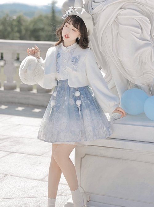 Snow Dragon Story Series Improved Sweet Lolita Fall Winter Daily Woolen Short Coat Blue Snowflake Dress Set