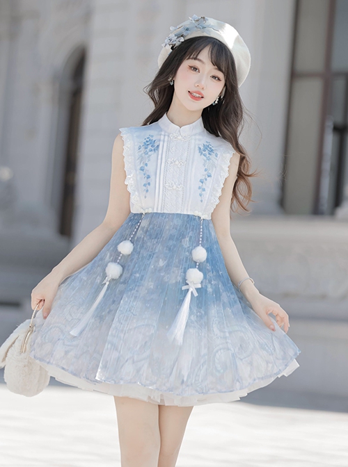 Snow Dragon Story Series Improved Sweet Lolita Fall Winter Daily Woolen Short Coat Blue Snowflake Dress Set