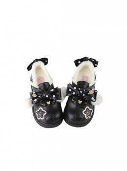 Fat Star Series Winter Plus Velvet Warm Sweet Lolita Cute Fur Ball Polka Dots Bowknot Leather Shoes