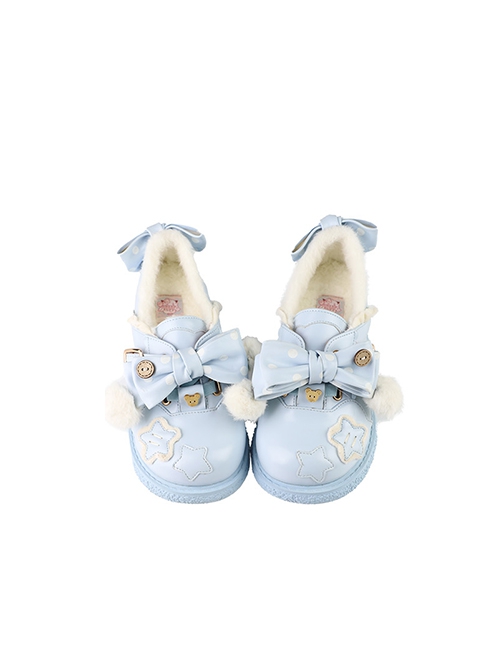 Fat Star Series Winter Plus Velvet Warm Sweet Lolita Cute Fur Ball Polka Dots Bowknot Leather Shoes