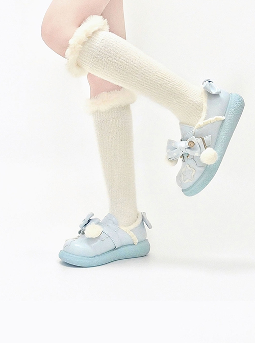 Fat Star Series Winter Plus Velvet Warm Sweet Lolita Cute Fur Ball Polka Dots Bowknot Leather Shoes