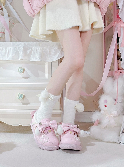 Fat Star Series Winter Plus Velvet Warm Sweet Lolita Cute Fur Ball Polka Dots Bowknot Leather Shoes