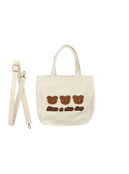 Three Bears Series Japanese Minimalist Style Felt Bear Pattern Kawaii Fashion Canvas Bag