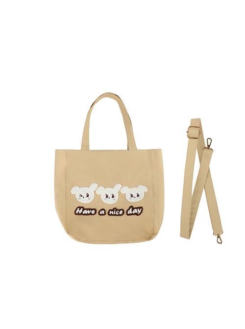 Three Bears Series Japanese Minimalist Style Felt Bear Pattern Kawaii Fashion Canvas Bag