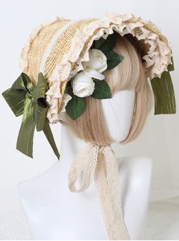 Elegant Forest Girl Artificial Rose Hairpin Side Bowknot Classic Lolita Flat Straw Lace Sun Hat