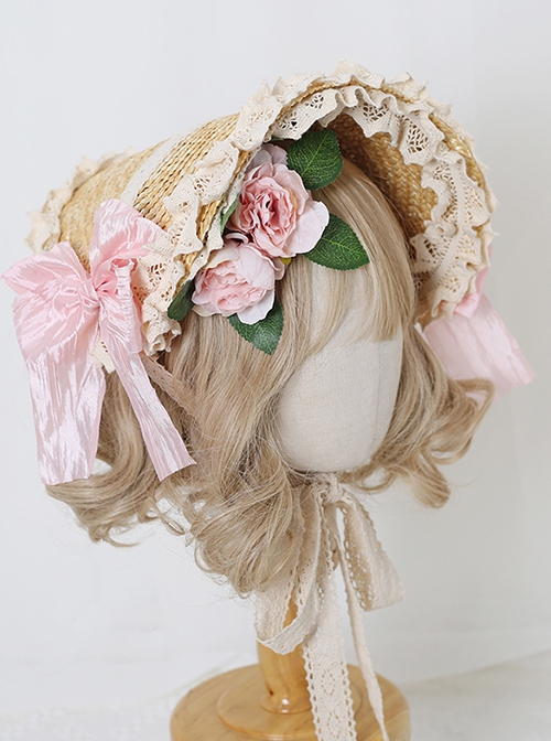 Elegant Forest Girl Artificial Rose Hairpin Side Bowknot Classic Lolita Flat Straw Lace Sun Hat