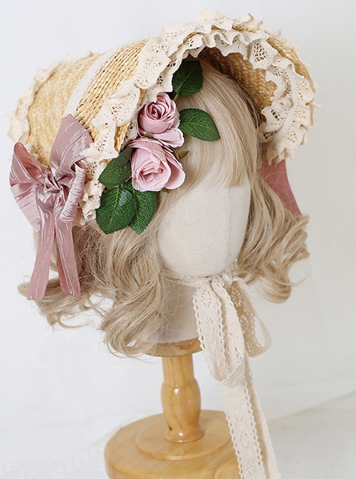 Elegant Forest Girl Artificial Rose Hairpin Side Bowknot Classic Lolita Flat Straw Lace Sun Hat