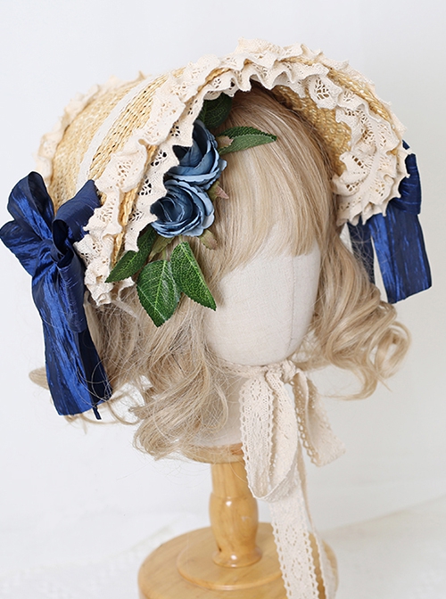 Elegant Forest Girl Artificial Rose Hairpin Side Bowknot Classic Lolita Flat Straw Lace Sun Hat