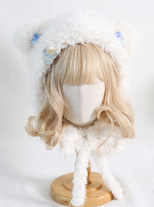 Winter Fall Kawaii Daily Sweet Lolita White Plush Bear Warm Soft Girl Earmuffs Hat