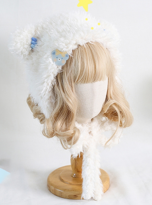 Winter Fall Kawaii Daily Sweet Lolita White Plush Bear Warm Soft Girl Earmuffs Hat