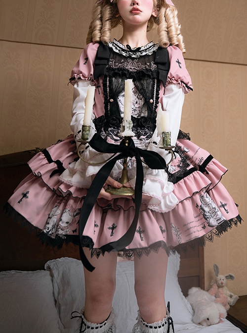 Doll Theater Series Fairytale Style Black Pink Lace Bowknot Sweet Lolita Retro Apron Puff Sleeves Printed Dress