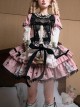 Doll Theater Series Fairytale Style Black Pink Lace Bowknot Sweet Lolita Retro Apron Puff Sleeves Printed Dress