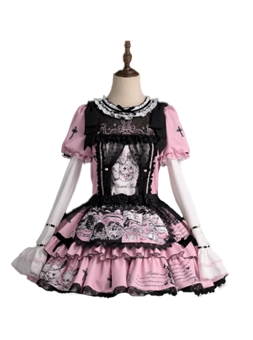 Doll Theater Series Fairytale Style Black Pink Lace Bowknot Sweet Lolita Retro Apron Puff Sleeves Printed Dress