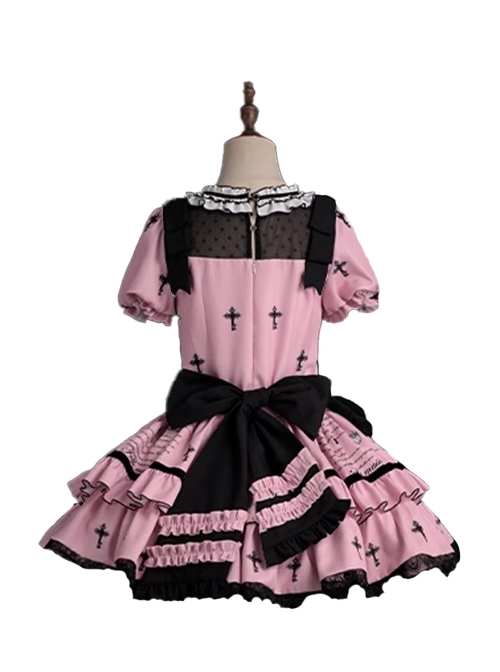 Doll Theater Series Fairytale Style Black Pink Lace Bowknot Sweet Lolita Retro Apron Puff Sleeves Printed Dress