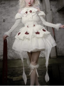 Red Moth Series White Plush Ruffles Gothic Lolita Tighten Waist Off Shoulder Spliced Sleeves Dress