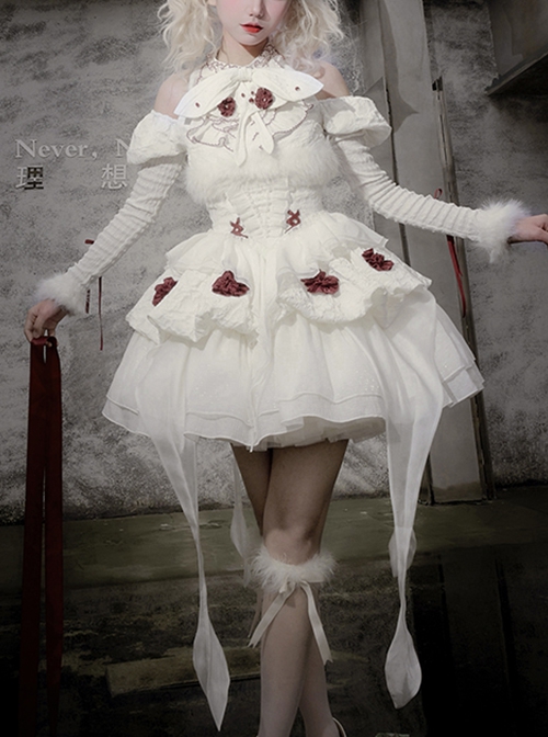 Red Moth Series White Plush Ruffles Gothic Lolita Tighten Waist Off Shoulder Spliced Sleeves Dress