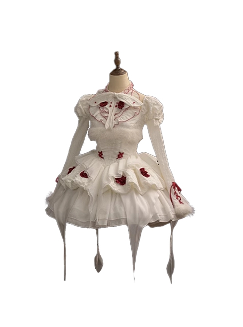 Red Moth Series White Plush Ruffles Gothic Lolita Tighten Waist Off Shoulder Spliced Sleeves Dress