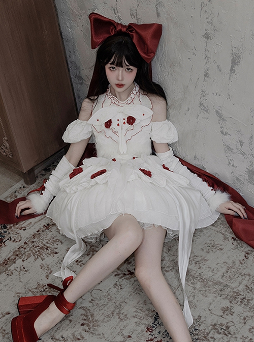 Red Moth Series White Plush Ruffles Gothic Lolita Tighten Waist Off Shoulder Spliced Sleeves Dress