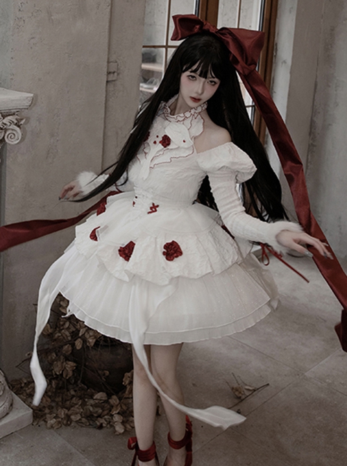 Red Moth Series White Plush Ruffles Gothic Lolita Tighten Waist Off Shoulder Spliced Sleeves Dress