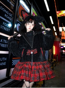 Night Cat Series Y2K Subculture Sweet Lolita Black Thickened Velvet Cat Ear Hooded Spliced ​​Cake Skirt Long Coat