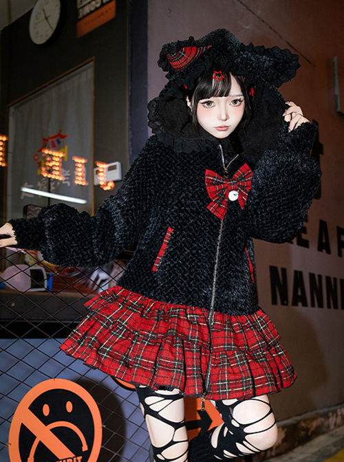 Night Cat Series Y2K Subculture Sweet Lolita Black Thickened Velvet Cat Ear Hooded Spliced ​​Cake Skirt Long Coat