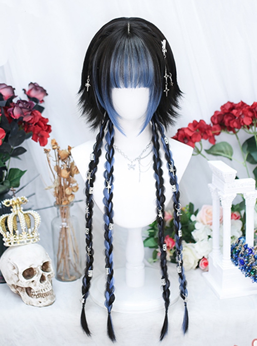 Y2K Subculture Highlights Short Hair Spliced Long Braids Straight Bangs Cool Sweet Lolita Wig