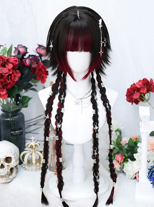 Y2K Subculture Highlights Short Hair Spliced Long Braids Straight Bangs Cool Sweet Lolita Wig