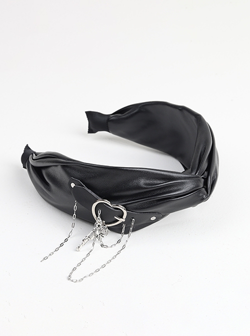 Black PU Wrinkled Texture Heart Metal Buckle Chain Versatile Punk Lolita Sweet Cool Headband