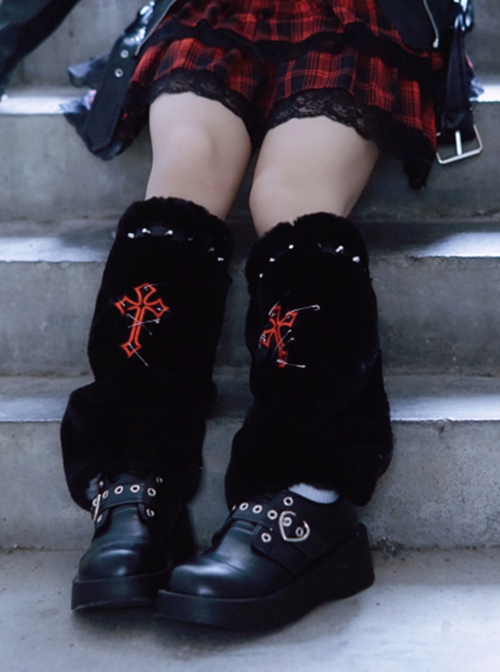 Subculture Y2K Cross Embroidery Punk Lolita Faux Fur Black Eco-Friendly Leather Leg Warmers