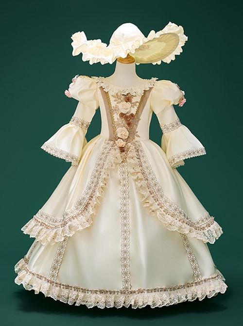 Champagne Apricot Child Girl Drama Stage Photograph Show Empire Style Classic Lolita Sun Hat Long Sleeves Dress