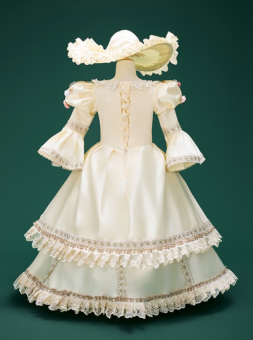 Champagne Apricot Child Girl Drama Stage Photograph Show Empire Style Classic Lolita Sun Hat Long Sleeves Dress