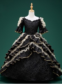 Black Texture Retro Palace Gorgeous Child Drama Stage Classic Lolita Cosplay Girl Ruffles Lace Puff Sleeves Dress