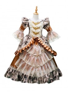 Brown Retro Palace Noble Gorgeous Baroque Princess Style Drama Stage Classic Lolita Ruffles Lace Yarn Child Dress