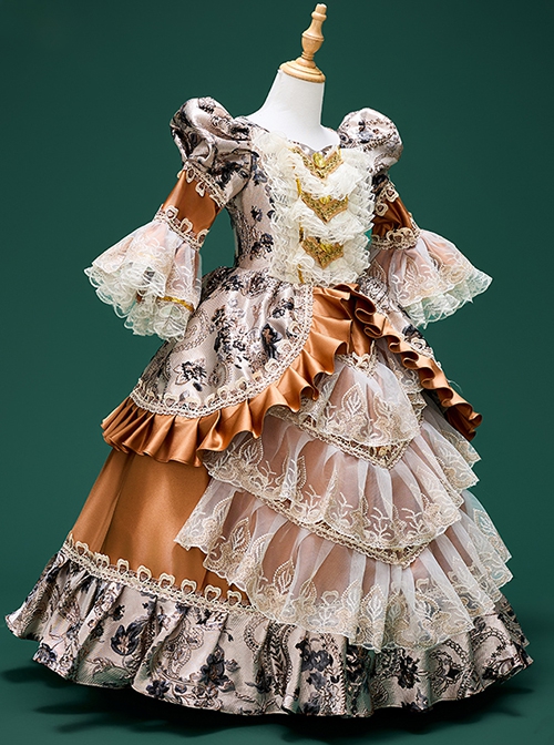 Brown Retro Palace Noble Gorgeous Baroque Princess Style Drama Stage Classic Lolita Ruffles Lace Yarn Child Dress