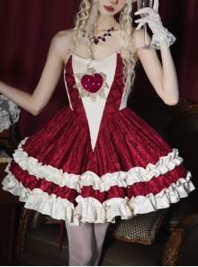 Heart Of Mary Series Red Fishbone Waist Ruffles Classic Lolita Sleeveless Dress Heart Shape Pearl Brooch Set