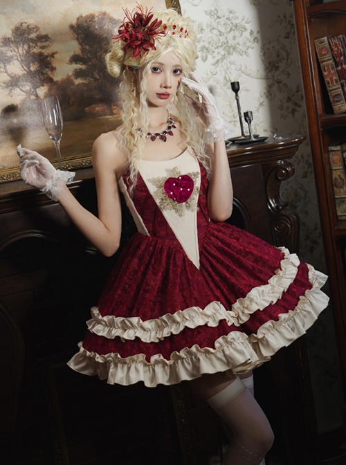 Heart Of Mary Series Red Fishbone Waist Ruffles Classic Lolita Sleeveless Dress Heart Shape Pearl Brooch Set