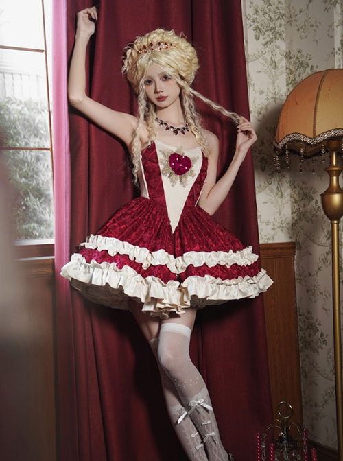 Heart Of Mary Series Red Fishbone Waist Ruffles Classic Lolita Sleeveless Dress Heart Shape Pearl Brooch Set