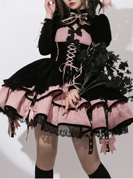 Landmine Girl Y2K Black Pink Girded Slim Gothic Lolita Cross Lace Ruffles Sweet Cool Sleeveless Dress Coat Set